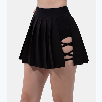 Minigonna estiva sexy da donna con bendaggio laterale, vita alta elasticizzata, con pantaloncini integrati, modello A-line slim, stile tennis, ideale per il club.