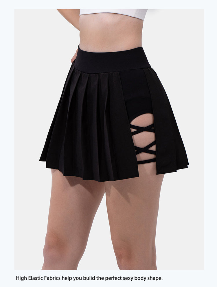 Minigonna estiva sexy da donna con bendaggio laterale, vita alta elasticizzata, con pantaloncini integrati, modello A-line slim, stile tennis, ideale per il club.
