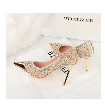 BIGTREE Scarpe Tomaia per scarpe con strass Décolleté da donna Tacchi a spillo 9,5 cm Punta a punta in metallo Tacchi alti Décolleté in cristallo di lusso Lady platinumshop