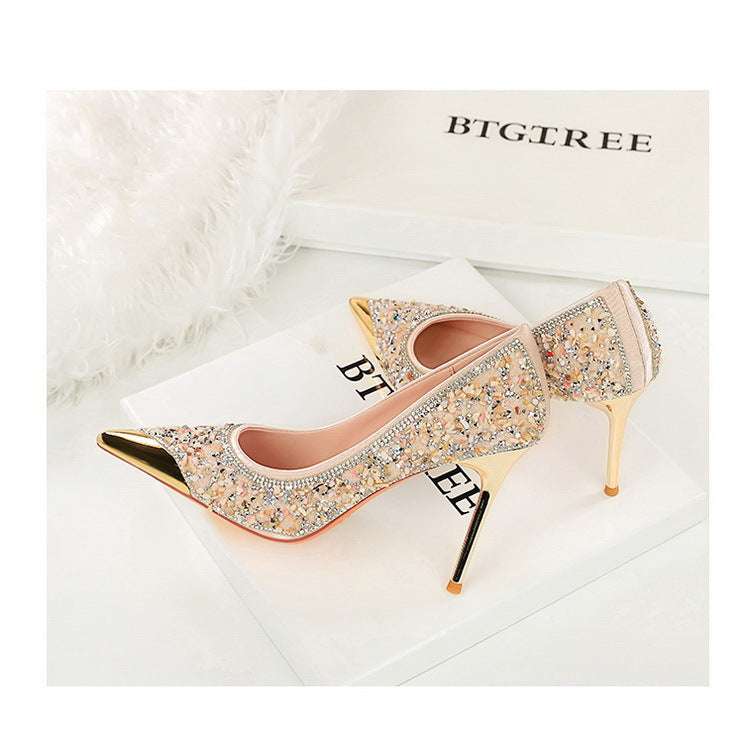BIGTREE Scarpe Tomaia per scarpe con strass Décolleté da donna Tacchi a spillo 9,5 cm Punta a punta in metallo Tacchi alti Décolleté in cristallo di lusso Lady platinumshop