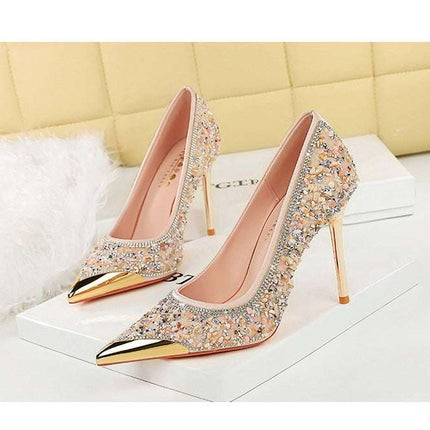 BIGTREE Scarpe Tomaia per scarpe con strass Décolleté da donna Tacchi a spillo 9,5 cm Punta a punta in metallo Tacchi alti Décolleté in cristallo di lusso Lady platinumshop