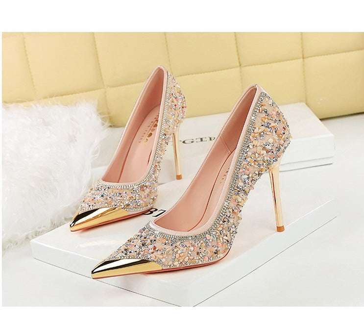 BIGTREE Scarpe Tomaia per scarpe con strass Décolleté da donna Tacchi a spillo 9,5 cm Punta a punta in metallo Tacchi alti Décolleté in cristallo di lusso Lady platinumshop