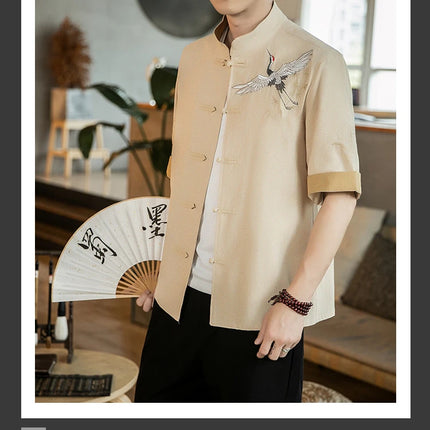 Camicie da uomo con gru ricamate Kungfu Tai Chi Casual manica corta nuovo stile cinese colletto alla coreana Cardigan in lino Tang Suit uomo Top