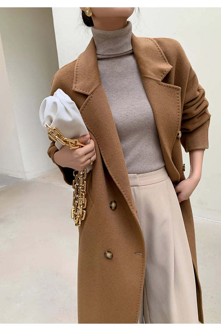Ladies' 100% Cashmere Thick Double-Sided Extended Coat, Classic, Versatile and Fashionable for Business and Leisure