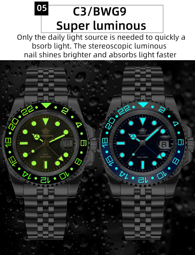 ADDIESDIVE New 40mm Luxury Men Business GMT Watch Swiss Ronda 515-24H Quartz Waterproof 200m Luminous Aluminum Ceramic Bezel