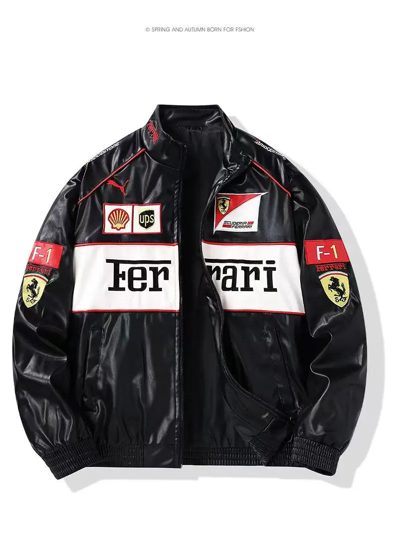 Giacca calda Ferrari F1 da uomo, look retrò motociclistico.