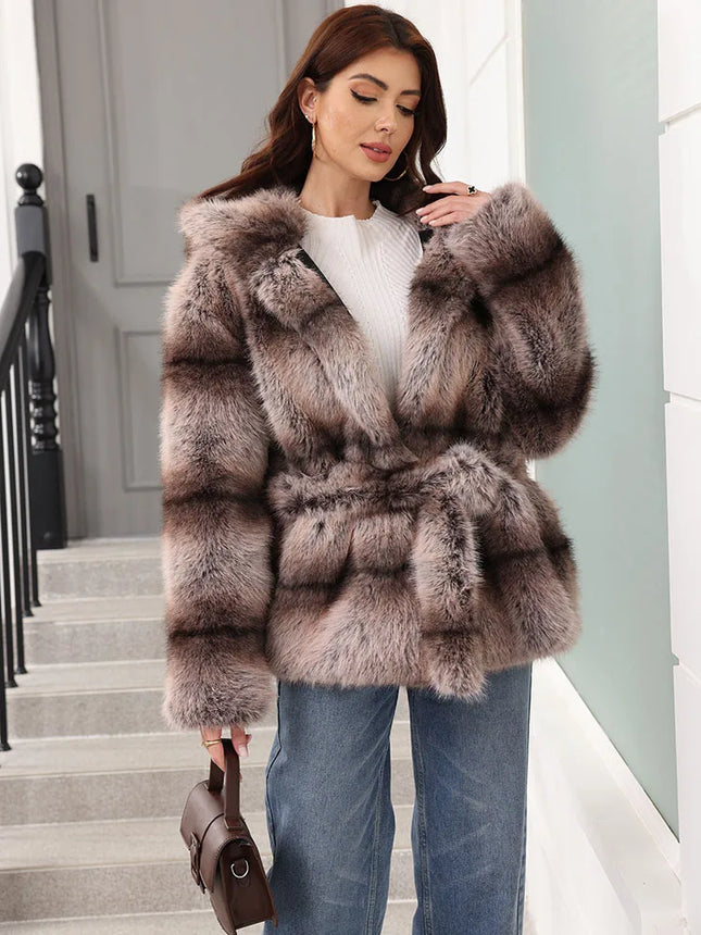 ZADORIN New Stripes Winter Fur Coats Woman Mid Long Hooded Warm Loose Faux Fur Coat For Woman Elegant Belted Fluffy Fur Jacket