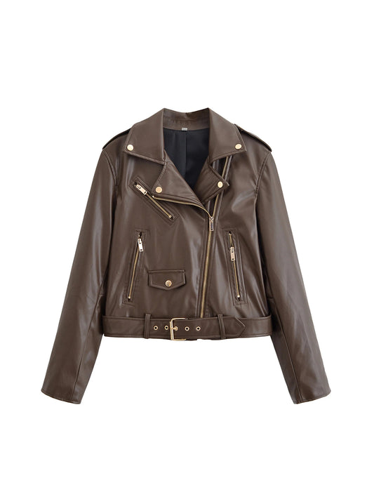 Women's Brown PU Leather Jacket Streetwear Motorcycle Long Coat Vintage Turtleneck Mustang Jacket Outerwear 2000s Clothes Autumn