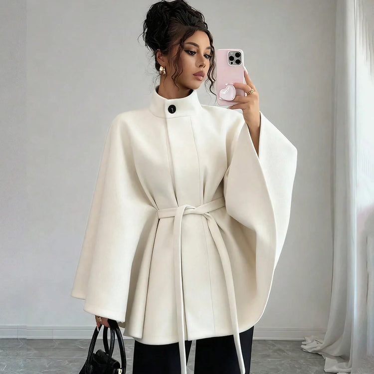 Wool Coat Women Autumn Winter Woolen Jacket Batwing Sleeve Button Lace Up Blends Turtleneck Overcoat Office Lady Outerwear