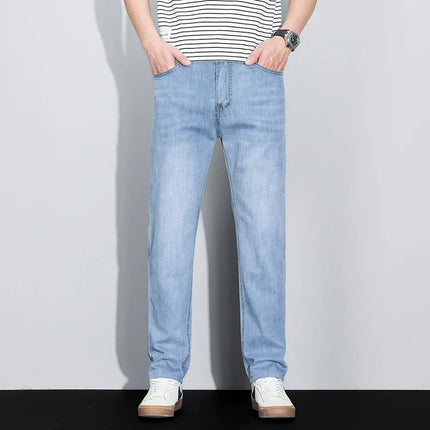 Men's Ice Silk Denim Cargo Pants Summer New Thin Business Casual Jeans Outdoor Y2K All Match Slim Fit Straight Elastic Jean Male