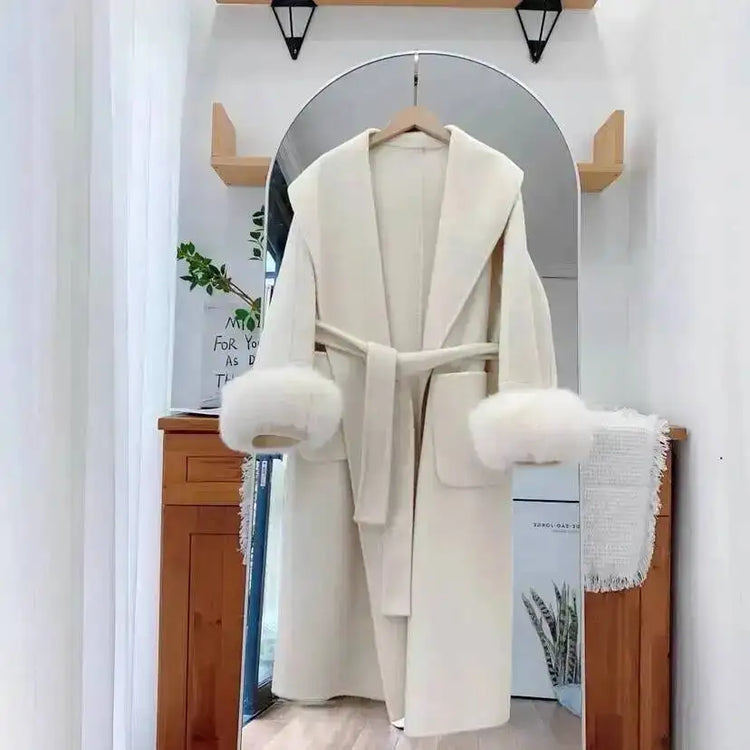UCXQ Elegant Woolen Coat Temperament Office Lady Overcoats Fur Patchwork Long Sleeve Beautiful Women's Coats 2025 Winter New