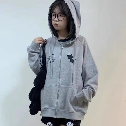 Ropa Mujer Japanese Cute Hoodies Coats Cute Cat Print Hooded Sweatshirts Y2K Tops Women Clothing Casual Zipper Loose Hoodie