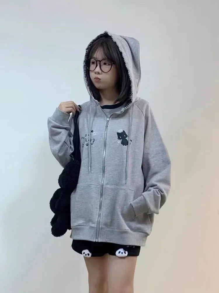 Ropa Mujer Japanese Cute Hoodies Coats Cute Cat Print Hooded Sweatshirts Y2K Tops Women Clothing Casual Zipper Loose Hoodie