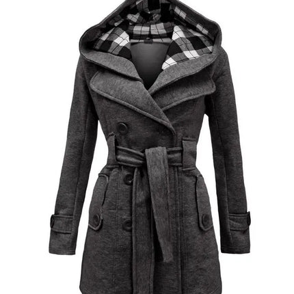2026 Autumn Women's Hooded Overcoat Trend Double-Breasted Design Belt Side Pockets Plaid Splice Woolen Coats Winter Jacket Femme
