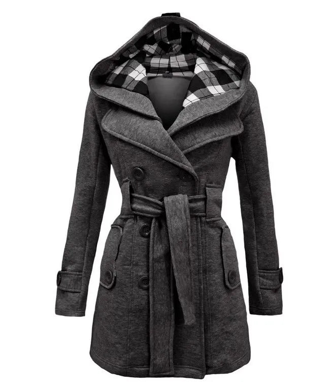 2026 Autumn Women's Hooded Overcoat Trend Double-Breasted Design Belt Side Pockets Plaid Splice Woolen Coats Winter Jacket Femme