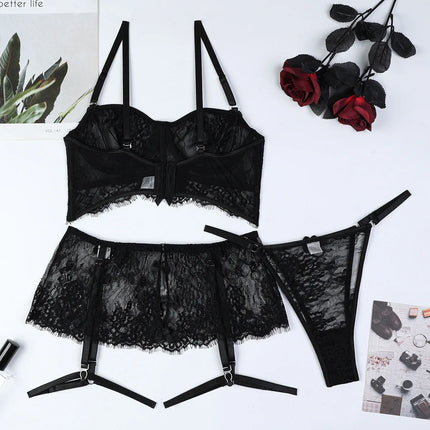 Sexy Erotic Womens Western Style Handmade Pearl 4 Piece Set Sensual See Through Lace Alluring Bowknot Attractive Breathable Set