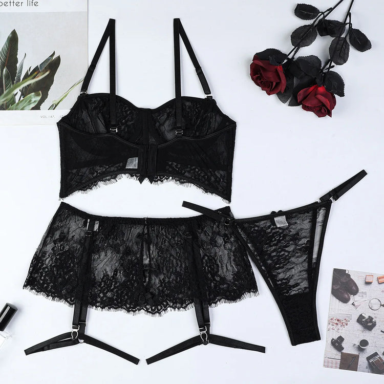 Sexy Erotic Womens Western Style Handmade Pearl 4 Piece Set Sensual See Through Lace Alluring Bowknot Attractive Breathable Set