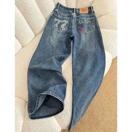 Jeans in denim a vita alta a gamba larga stile street americano con ricamo a stella, nuovo design da donna, pantaloni lunghi dritti e larghi