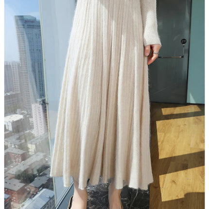 FRSEUCAG Autumn and winter women's warm half skirt 100% mink cashmere pleated skirt thick long skirt soft and loose fashionable PlatiNum