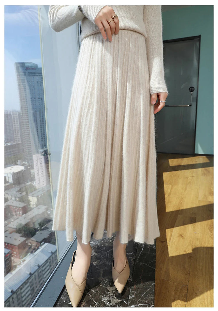 FRSEUCAG Autumn and winter women's warm half skirt 100% mink cashmere pleated skirt thick long skirt soft and loose fashionable PlatiNum