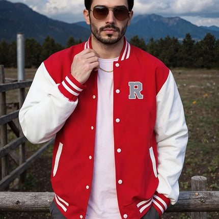Men's casual baseball jacket, men's cool jacket, jacket pocket design, fashionable R pattern print