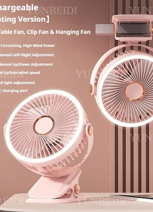 Ventilatore Portatile con Clip e Luci LED, 3 Velocità Regolabili, Silenzioso, da Scrivania, per Casa, Camera da Letto e Campeggio