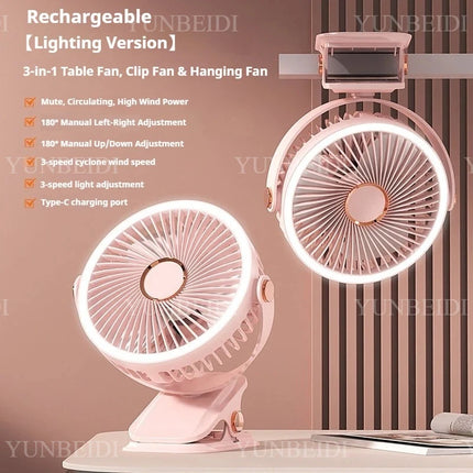 Ventilatore Portatile con Clip e Luci LED, 3 Velocità Regolabili, Silenzioso, da Scrivania, per Casa, Camera da Letto e Campeggio