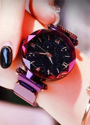 Orologi da donna con cielo stellato alla moda, fibbia magnetica, cintura in rete, orologio al quarzo con diamanti, orologio da donna platinumshop