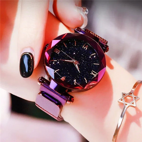 Orologi da donna con cielo stellato alla moda, fibbia magnetica, cintura in rete, orologio al quarzo con diamanti, orologio da donna platinumshop