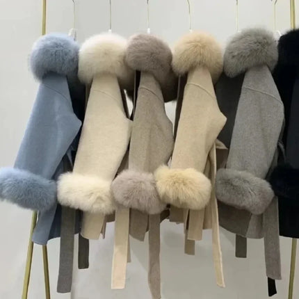 OFTBUY Omen Double Face Wool Coat Natural Fur Coat Wool Blend Jacket Winter Warm Elegant Long Sleeve Fur Cuffs Fashion Outerwear