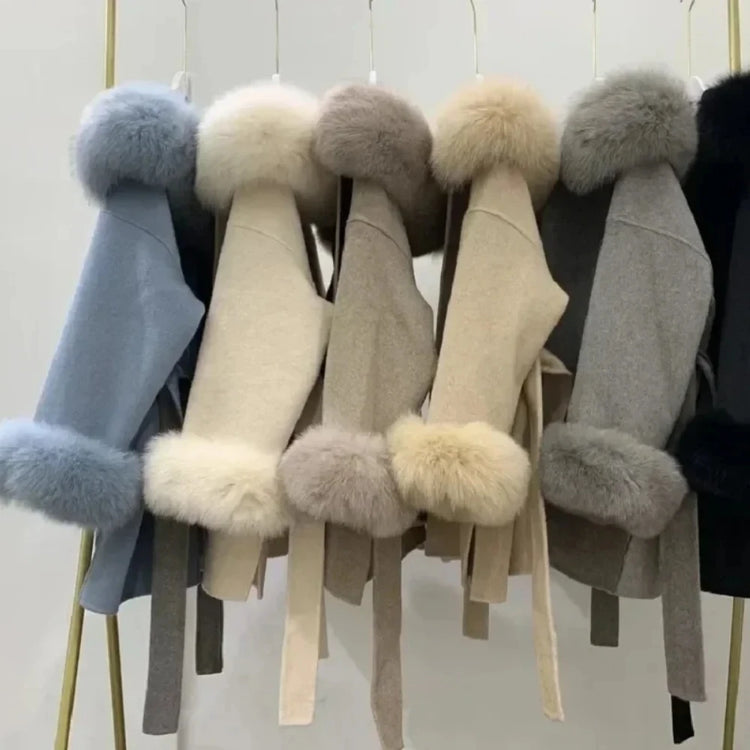 OFTBUY Omen Double Face Wool Coat Natural Fur Coat Wool Blend Jacket Winter Warm Elegant Long Sleeve Fur Cuffs Fashion Outerwear
