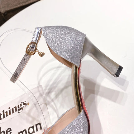 Bling Gold Silver Women Pumps 2023 Sexy Point Toe Thin Heel Party Wedding Shoes Womens Summer Ankle Strap 8cm High Heels Shoes PlatiNum