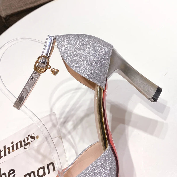 Bling Gold Silver Women Pumps 2023 Sexy Point Toe Thin Heel Party Wedding Shoes Womens Summer Ankle Strap 8cm High Heels Shoes PlatiNum