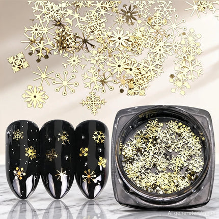 80-90pcs/jar Hollow Out Gold Nail Glitter Sequin Snow Flakes 8/10mm Mixed Metal Snowflakes 2023 DIY Snow Flake Manicure Decor 2028