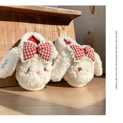 2026 New Women's Cotton Bow Bunny Slippers Winter Indoor Home Warm Household Wool Cotton Shoes Women Wear Indoor Winte