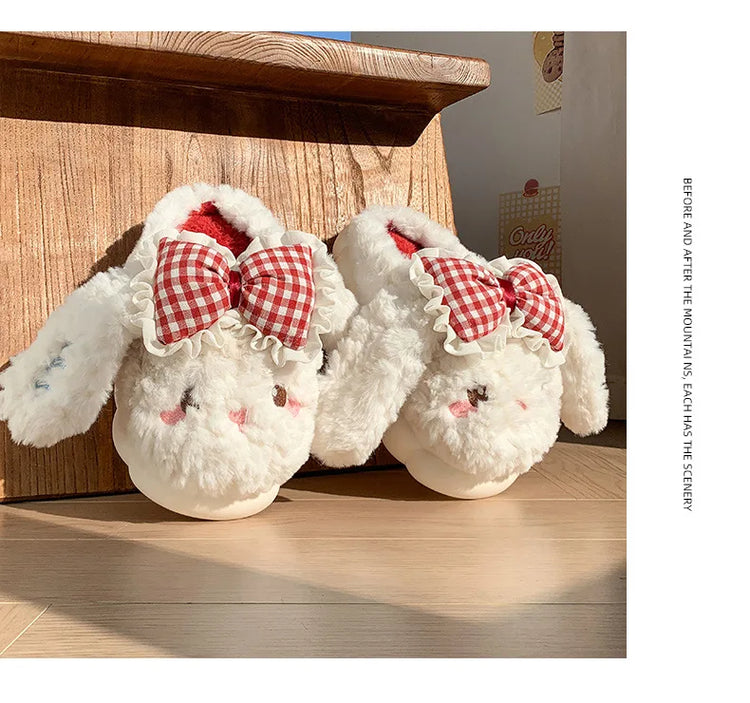 2026 New Women's Cotton Bow Bunny Slippers Winter Indoor Home Warm Household Wool Cotton Shoes Women Wear Indoor Winte