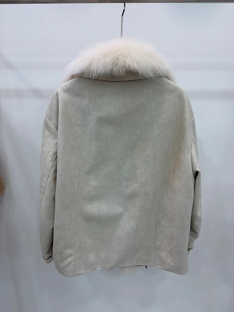 2026 Autumn Winter Women's White Goose Down Coats Natural Real Fox Fur Collar Jacket Outwear Luxury Female Jacket