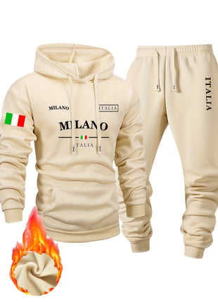 Italy pattern Men's Hoodie and Bundled pants set fleece Autumn winter two-piece set top bottom sets windproof Warm Cotton suit PlatiNum