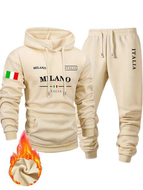 Italy pattern Men's Hoodie and Bundled pants set fleece Autumn winter two-piece set top bottom sets windproof Warm Cotton suit PlatiNum
