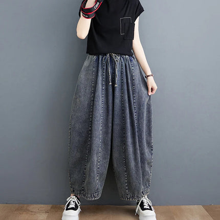 508 primavera estate nuovi Jeans larghi 100kg per le donne coulisse semplice tinta unita nero Vintage cotone femminile lanterna pantaloni in Denim