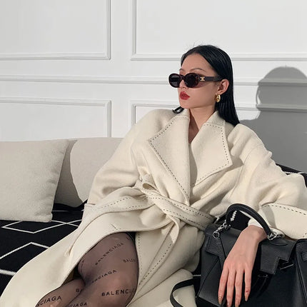 New Solid Korean Style Women Wool Coat Arch Needle Large Neck Versatile Fashion Texture Double Sided Trench Coats Female Winter