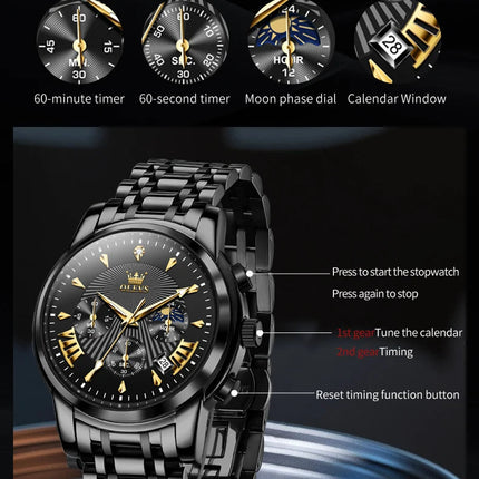 OLEVS Orologi al quarzo da uomo Orologi di marca in acciaio inossidabile Orologio sportivo impermeabile per uomo Cronografo con fasi lunari platinumshop