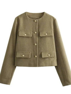 MUJER Tweed Cropped Jacket Woman Long Sleeve Vintage Jacket Woman Fashion Button Elegant Jackets For Women New In Short Coats