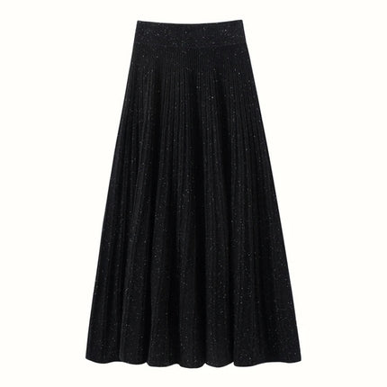 Chic Women's Cashmere Pleated A-line Skirt Autumn Winter 100% Cashmere Knitted Colorful Dots Decoration Elastic Waist Soft Dress PlatiNum