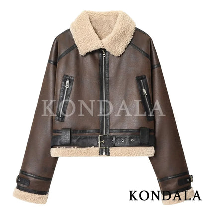 KONDALA Fall Winter Fleece Stand-up Jacket Women's Casual Thickened Warm Zipper Coat 2025 Fashion Retro Motorcycle Style Jacket