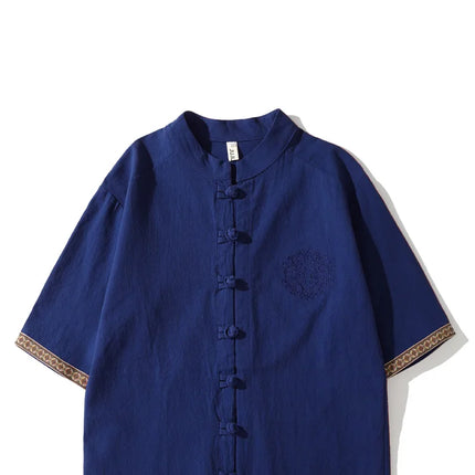 Camicie da Uomo Ricamate in Stile Cinese Retrò, Traspiranti in Lino, Comode, Casual Kung Fu, Abito Tang con Colletto Rialzato