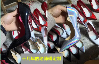 2025 new rivet high heels for women, 12CM pointed shallow mouth single shoes, socialite banquet shoes