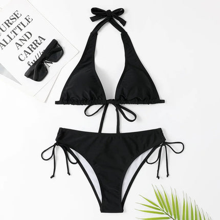 Costume da bagno bikini sexy con laccetti al collo a vita bassa nero/rosso/rosa, due pezzi, stile brasiliano, in saldo platinumshop