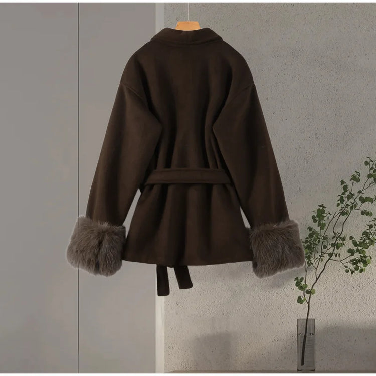 Elegant Women's Lace Up Woolen Coats Solid Full Sleeve Turn-down Collar Loose Lady Coats 2026 Autumn Winter Female Streetwear