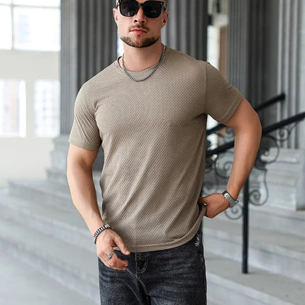 2025 New Men's Casual Short Sleeved Bone Flower Solid Color O-neck T-shirt Fashion Breathable Comfortable Summer Versatile Top PlatiNum